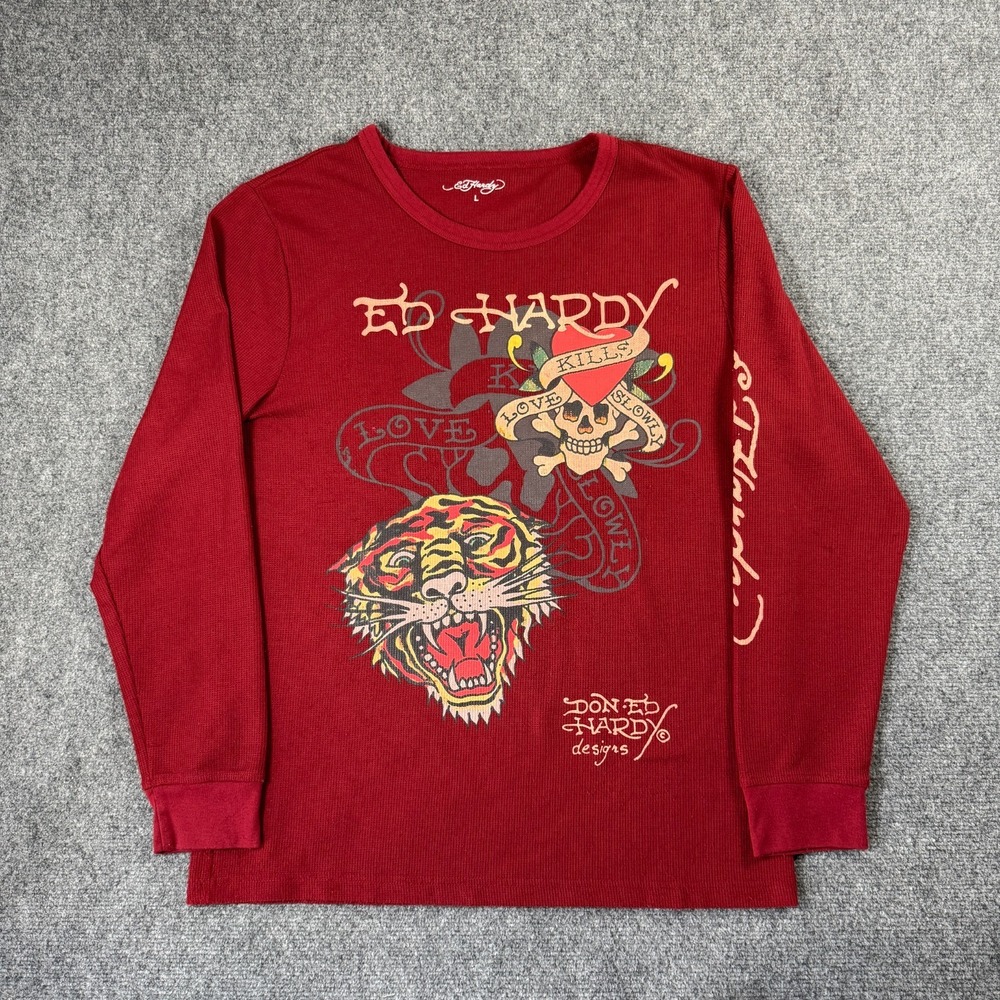 Ed Hardy Long Sleeve Graphic Thermal Waffle Shirt Size Large Red Tiger Y2K Style
